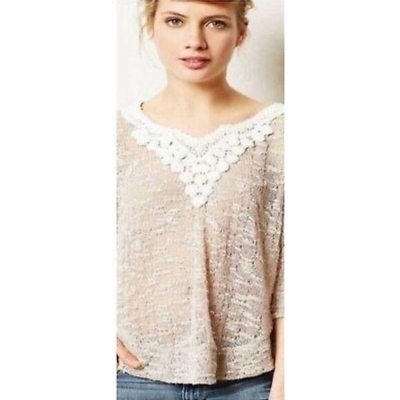Anthropologie Meadow Rue Tan White Open Knit Lightweight Sweater Size L - Picture 1 of 6